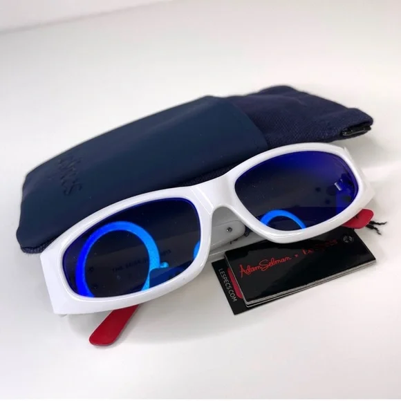 LE SPECS Adam Selman The Edge Sunglasses NEW White WIth Blue Mirror Lenses - Picture 15 of 16